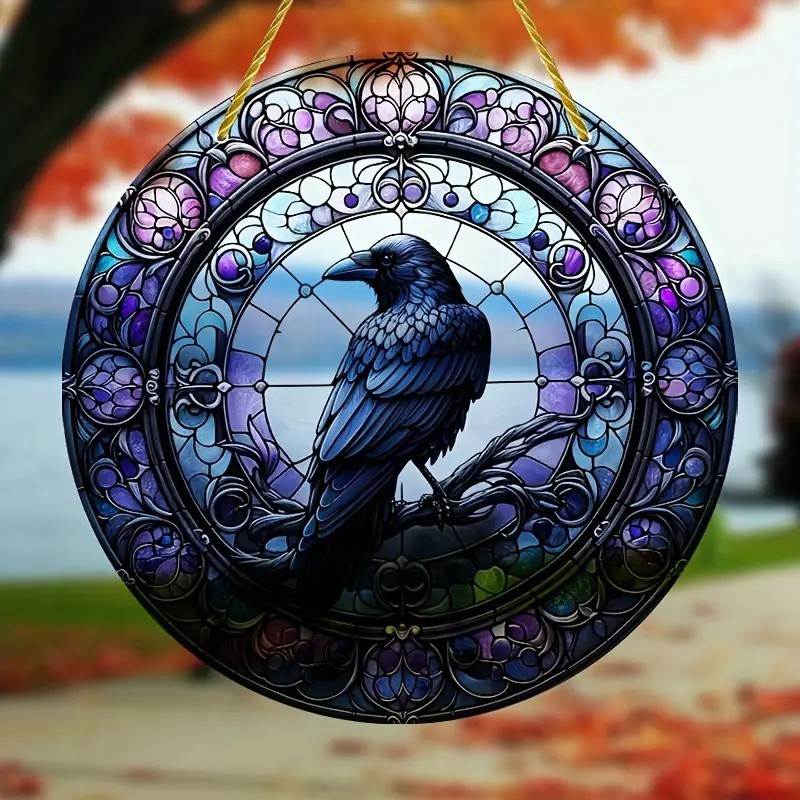 Dark Raven Twisted Branch Printed Circular Acrylic Front Door Wall Hanging