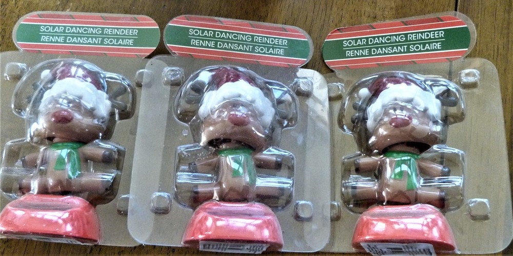 Lot of 3 Solar Powered Dancing Toy Christmas Reindeer with Santa Hat NIB