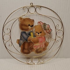 Vintage Sun Catcher Bears Window Hanging Capiz Shell Stained Glass Style 8” gold