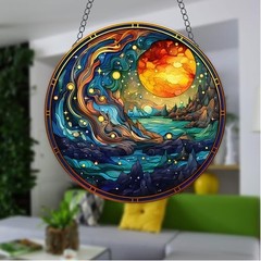 The Moon and Stars Acrylic Window Hanging, Mountains Lake Stained Acrylic