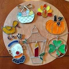 Mixed Lot of 7 Sun Catchers Stained Glass Metal Hanging Ornaments- Holiday