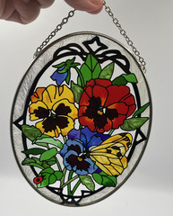JoanBaker Butterfly/Ladybug Red Flower Faux Stained Glass SunCatcher Window Oval