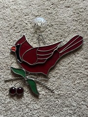Red Cardinal Suncatcher Ornament Stained Glass Metal and Acrylic