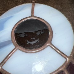 2 Vintage Eskimoone with hanging fish Stained Glass Sun Catcher 6 in