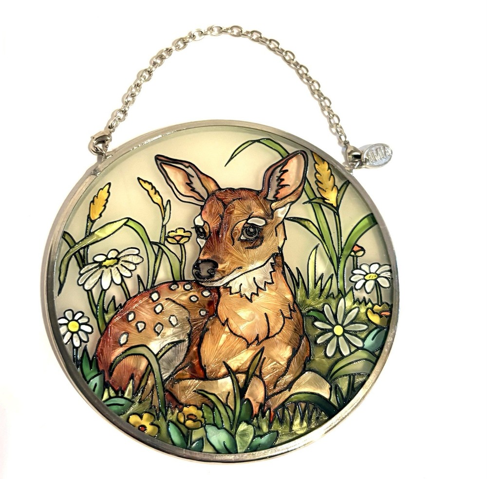Amia Fawn Glass Art Sun Catcher With Daisies ” 3.5 ” Round Frame With Chain