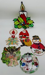 Vintage 6 Hanging Christmas Suncatcher Ornaments Candle Snowman Santa Reindeer