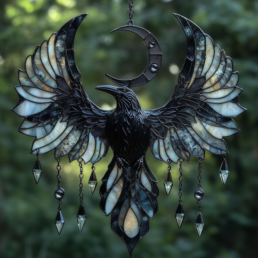 Crescent Moon Raven Acrylic Suncatcher – Gothic Faux Stained Glass