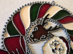 Vintage Stained Glass Santa And Reindeer Window Ornament Hanging Suncatcher LG