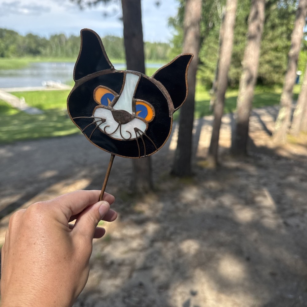 Vintage Stained Glass Suncatcher Black Cat Leaded Art Plant Stake blue eyes Cute