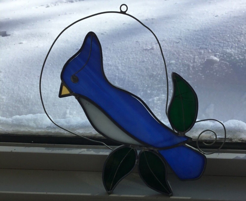 VINTAGE Stained Glass Suncatcher BLUE JAY 7″