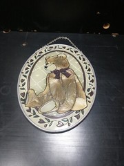 Vintage Stained Glass Painted Face Teddy Bear With Bow Suncatcher 9 inches Tall