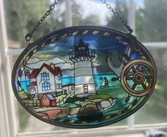 AMIA Hand Painted Glass Lighthouse Nautical Window Art Suncatcher Oval NEW w Box