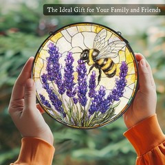 Vintage Bee Lavender Stained Glass Suncatcher for Indoor Window Decor, 7.8 in