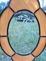 VTG Suncatcher Stained Glass & Etched Hummingbird Flower 6 “×10” Marbled Amber