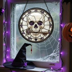 Halloween Skull Suncatcher Spooky Glass Decor for Home and Garden 6.3″