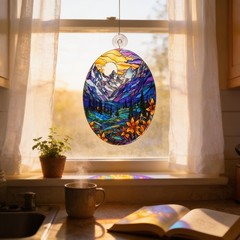 Mountain Sunrise Glass Suncatcher, Floral Window Decor