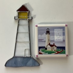 Lighthouse Themed Stained Glass Suncatcher And Lighthouse Tile Coastal