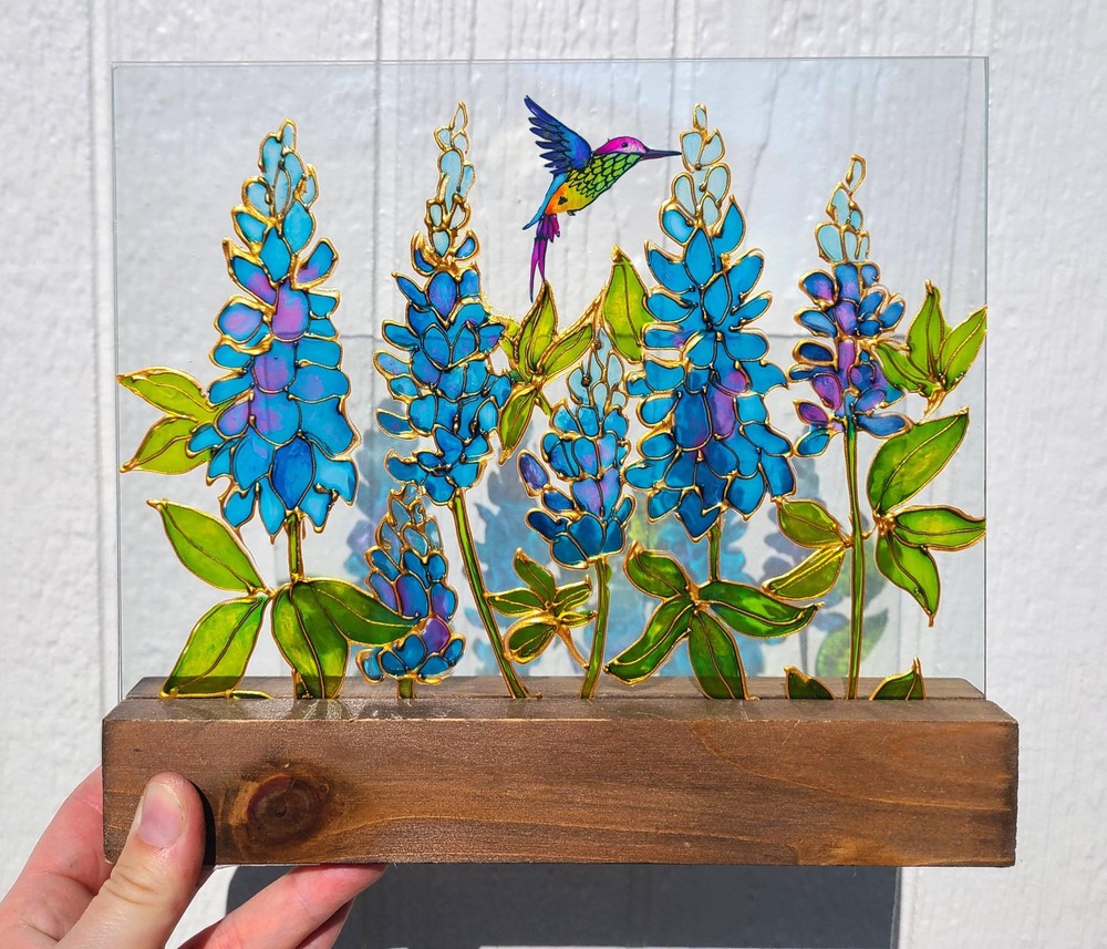 Texas Bluebonnet and Hummingbirds Suncatcher Window Hanging, Wildflower Stained