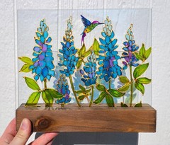 Texas Bluebonnet and Hummingbirds Suncatcher Window Hanging, Wildflower Stained
