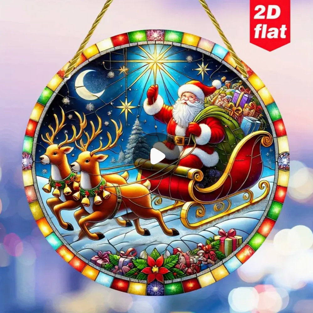 Colorful Santa & Reindeer Christmas Suncatcher-2D Acrylic-Stained Glass Look-6in