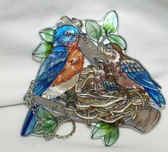 Amia Suncatcher Bluebirds with Nest Hand Painted 4.5″ x 4″ w/ Chain