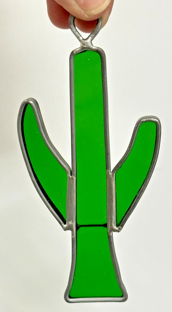 Suncatcher Window VINTAGE LEADED Lead STAINED GLASS Green Cactus