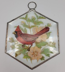 Vintage Cardinal Bird Suncatchers Beveled Glass Bird & Flowers Cute