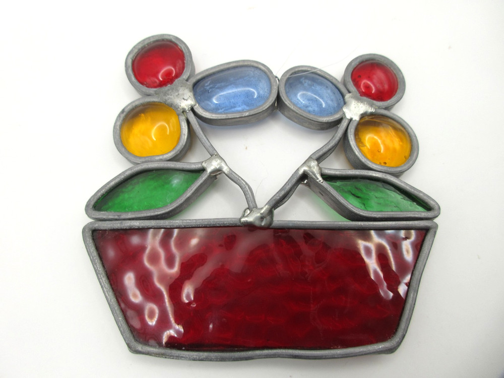 Vtg 4″ Artisan Stained Glass Floral Sun Catcher Flowers in Red Pot Art Hand Made