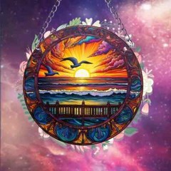 Seagulls Flying Into Ocean Sunset Suncatcher Double Sided Round Acrylic Decor