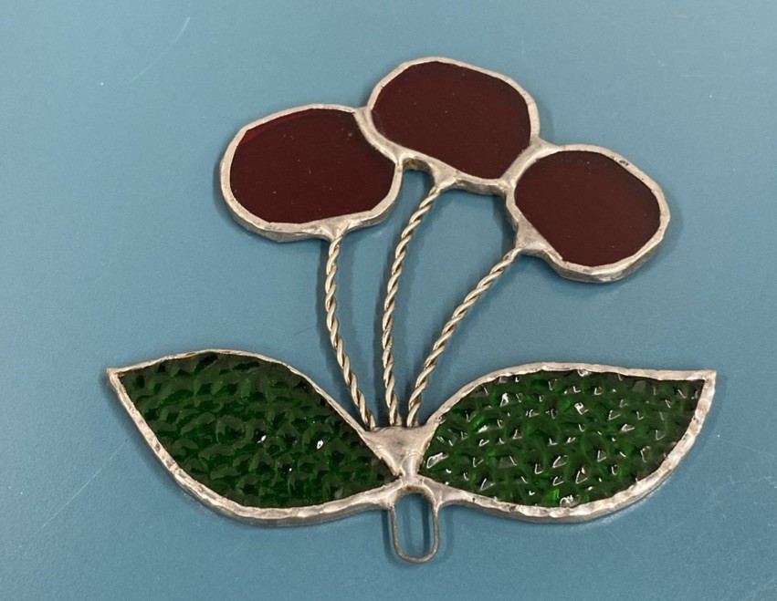 RARE Vintage Cherry Stained Glass Leaded Suncatcher Fruit Red Hanging Cherries