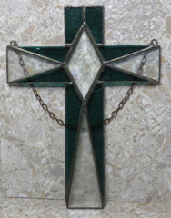 VTG Green Floral Cross Stained Glass Religious Crucifix Suncatcher Window 11″