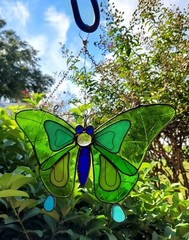 Stained Glass Suncatcher Butterfly Brilliant Blues & Greens Hand Crafted 13″x14″