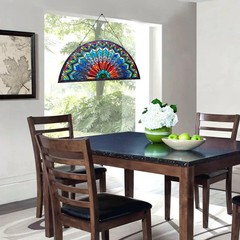 Stained Glass Semi-Circle Window Panel Suncatcher Peacock Design 35x18in