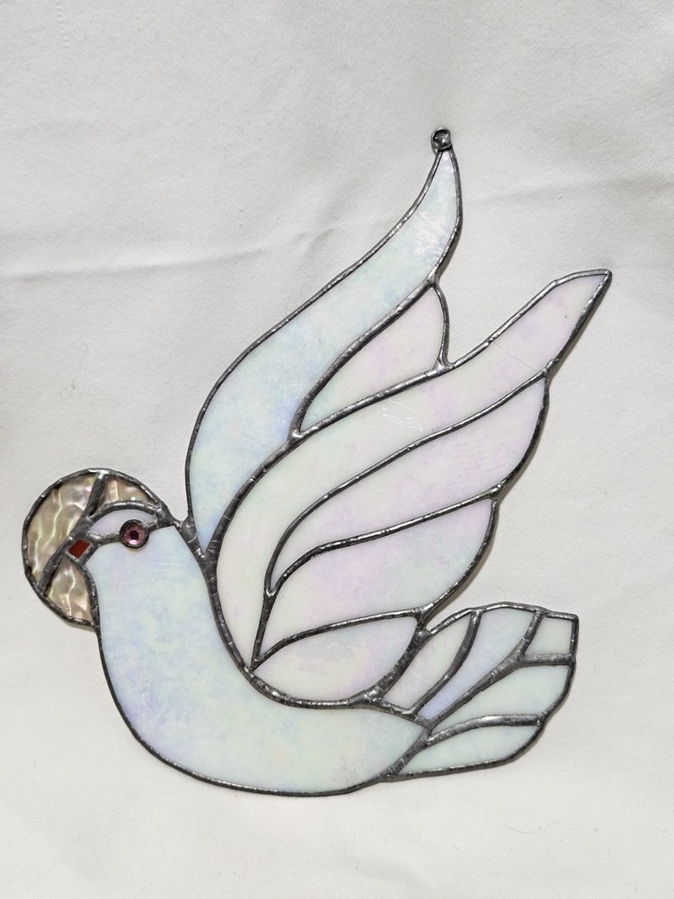 Stained Glass Dove White Pearlescent Sun Catcher Bird Handmade (8.5 Inches Tall)