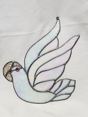Stained Glass Dove White Pearlescent Sun Catcher Bird Handmade (8.5 Inches Tall)