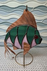 Vintage Stained Glass Rainbow Fish Suncatcher Dichroic Green/Pink w/Copper Fins