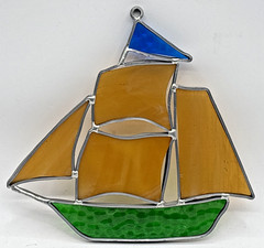 Vintage Stained Glass Sailboat Boat Ship Nautical 7″ x 6-1/2″ Multicolor