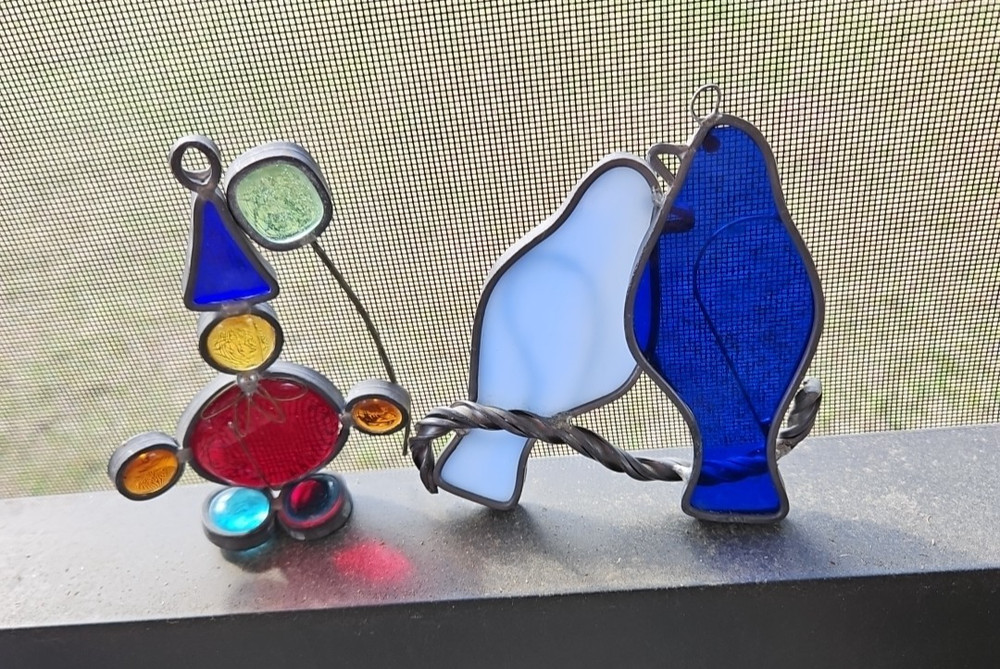 Dove Sun Catcher Cobalt Blue and Glass Clown with Balloon Figurine Small – 2/set
