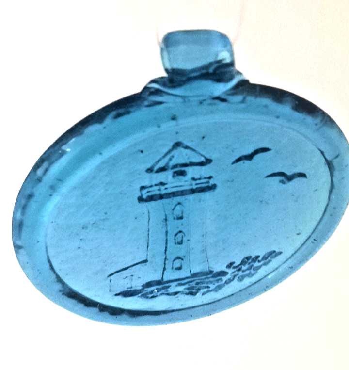 Vintage Blue Glass Suncatcher Lighthouse Nautical Coastal Hanging Decor 3.5″