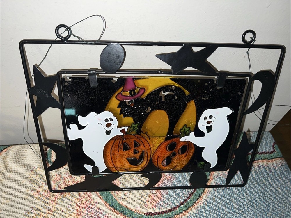 Vintage Halloween Stained Glass Window Sun Catcher 13”x 9.5” Ghost Cat Pumpkin