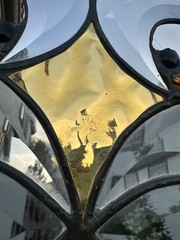 Arts & Crafts Stained Glass Suncatcher Amber Slag Glass 19”