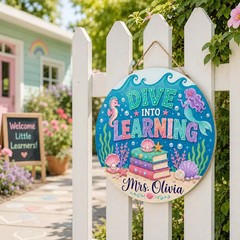 Mermaid Teacher Ocean Wooden Sign with Rope Door Hanger Classroom Decor