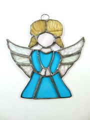 Stained Glass Angel Flat Hanging Suncatcher Ornament Vintage 1980s Aqua Blue