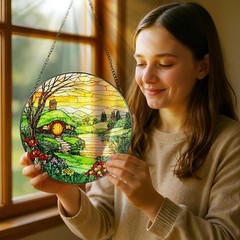 8-Inch Classic Stained Glass Window Hanging – Ideal for Mother’s Day & Christmas