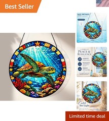 Symbolic Round Sea Turtle Suncatcher – 7.87″ Stained Glass Indoor Decor