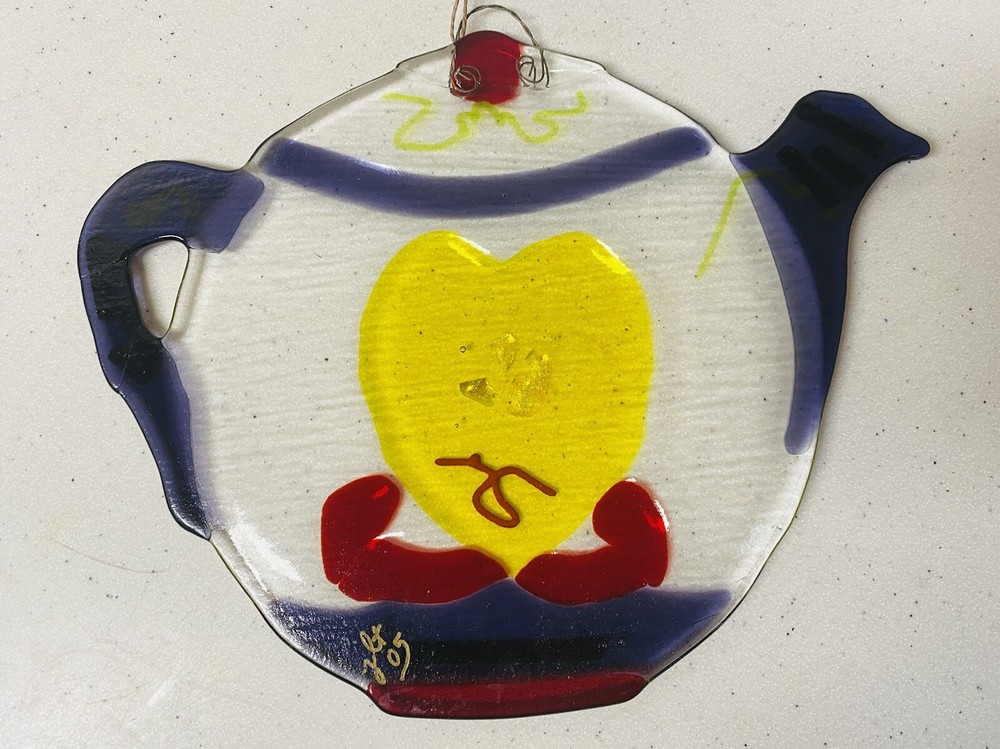Fused Glass Teapot Sun Catcher Vintage NBR50D