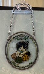 Vintage Glass Cat Suncatcher Long Hair Fluffy Kitten Playing w/ Yarn Window Art