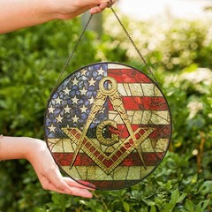 Masonic Symbol American Flag Stained Glass Suncatcher, Freemason Lodge Gift