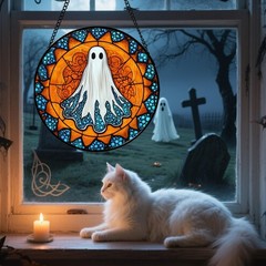 Halloween Ghost Stained Glass Suncatcher Spooky Decor for Doors & Gardens