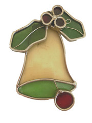 Stained Glass Sun Catcher Christmas Bell Holly Berries Green Lt Amber Red 5×3.5